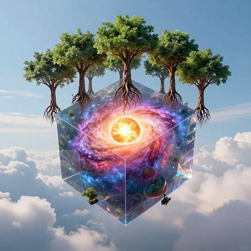 Digital art: Three floating trees with exposed roots surround a glowing, cosmic, hexagonal crystal against a bright blue sky with fluffy clouds.