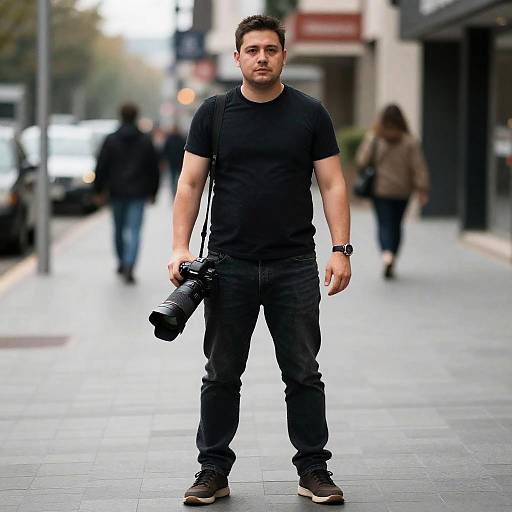 Photograph of a young, muscular man with short dark hair, wearing a black t-shirt, jeans, and sneakers, holding a camera, standing on