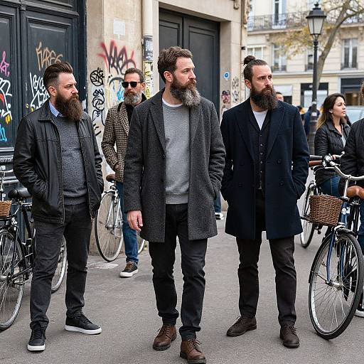 Photograph of three bearded men with dark clothing, standing in a busy urban street with bicycles, graffiti, and pedestrians.
