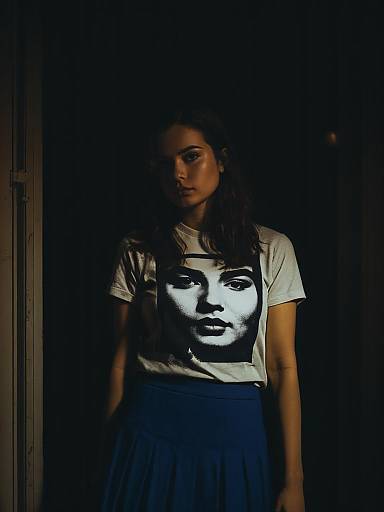 Woman in Graphic T-shirt and Blue Skirt