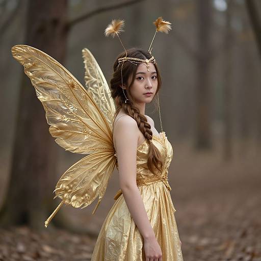 Photograph of a young woman with gold fairy wings, antennae headpiece, and golden dress in a misty forest, looking back.
