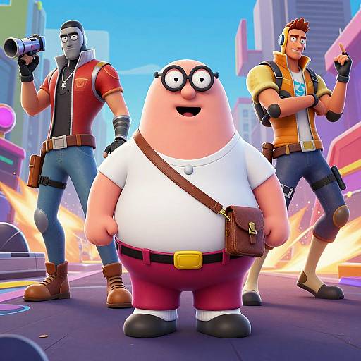 CGI image of three animated characters: a bald, round man with glasses and white shirt, and two muscular men in vests and jeans, standing in