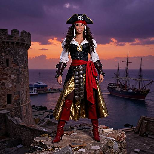 Photorealistic digital image of a fierce female pirate with black tricorn hat, white shirt, black vest, gold and red coat, standing on stone