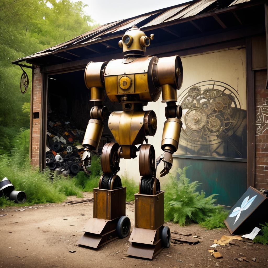 Abandoned Steampunk Automaton in Overgrown Workshop