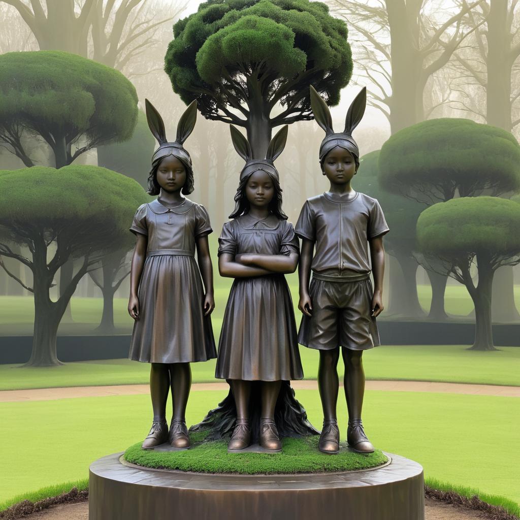 Dystopian Siblings with Rabbit Statue