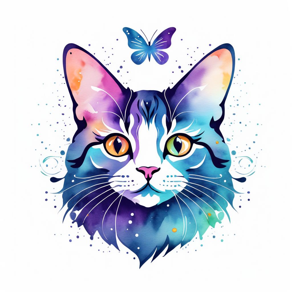 Whimsical Watercolor Cat with Butterfly