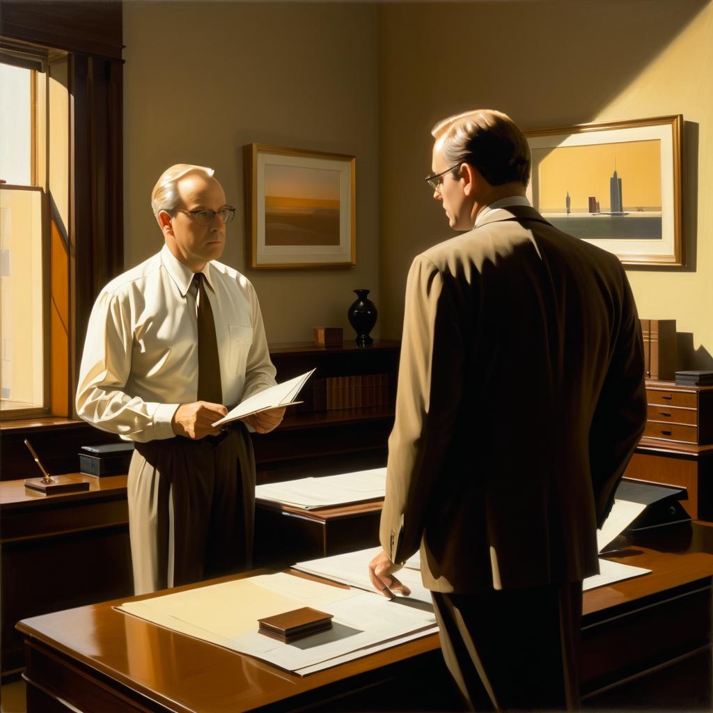 Muted Oil Painting of Lawyer and Client