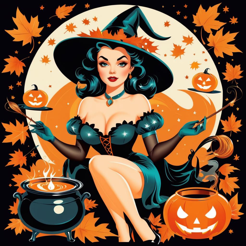 Vintage Halloween Pin-Up Witch Illustration