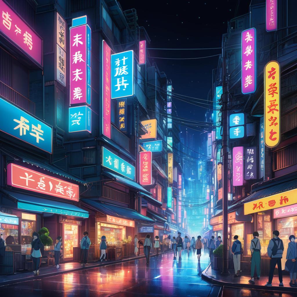 Vibrant Nighttime Cityscape in Anime Style