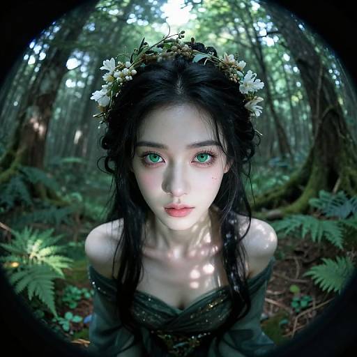 Digital artwork of a fair-skinned, green-eyed, black-haired woman with a floral crown, wearing an off-shoulder dark dress, in a