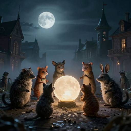 Digital artwork of six whimsical, furry animals—mice, rabbits, and a squirrel—gathering around a glowing lantern under a full moon in