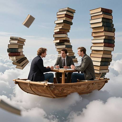 Three suited men in a wooden boat with floating bookstacks on a cloud-filled sky, discussing business while floating above the clouds.