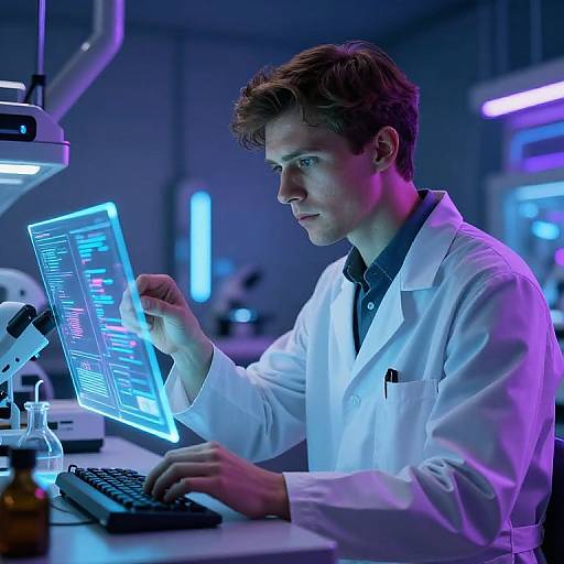 Photograph of a focused male scientist with short brown hair, wearing a white lab coat, typing on a glowing blue-lit laptop in a futuristic,