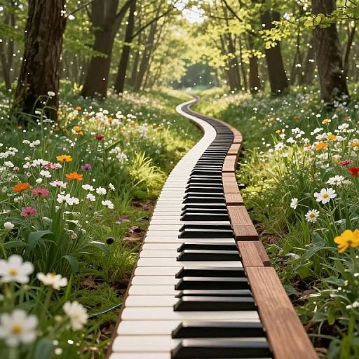 Photograph of a narrow, sunlit pathway made of black and white keyboard keys, flanked by vibrant wildflowers and lush greenery in a forest