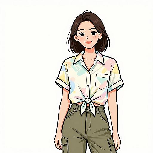 Digital anime-style drawing of a smiling young woman with short brown hair, wearing a colorful tie-front shirt and olive green pants.