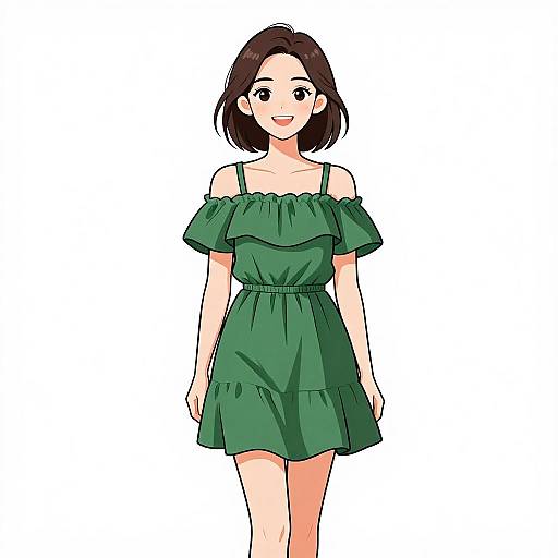 Digital anime-style drawing of a smiling young woman with short brown hair, wearing an off-shoulder green dress, standing against a plain white background.