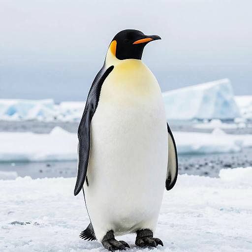 Photograph of a solitary Emperor penguin standing on snowy ice, featuring black head, orange chest patch, and white body, with a blurred icy background