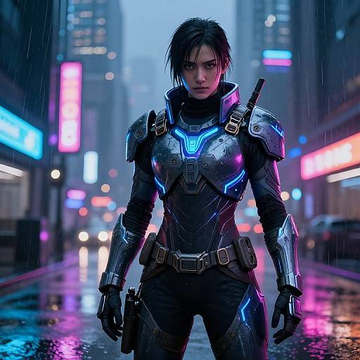 Cyberpunk woman in glowing, futuristic armor stands in rain-soaked city street, neon lights reflecting on wet pavement. CGI, sci-fi style.