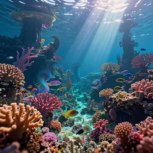 Photograph of vibrant underwater coral reef scene with colorful corals, diverse fish, and sunlight streaming through water, creating a serene, illuminated oceanic landscape