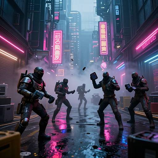 Cyberpunk street battle: Five armored soldiers with futuristic guns fighting amidst neon-lit skyscrapers, rain, and smoke, with vibrant pink and