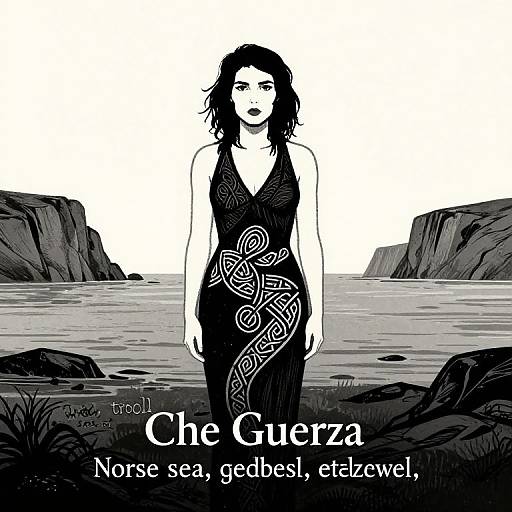 Black and white digital illustration of a woman in an ornate dress standing on rocky shore, with text 