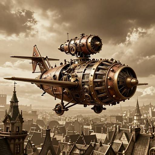 Steampunk Flying Machine Over Victorian City