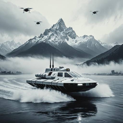 Futuristic Hovercraft Over Mountain Lake