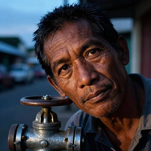 Close-up photograph of an older, weathered Asian man with short black hair, deep wrinkles, and a contemplative expression, holding a metallic valve against
