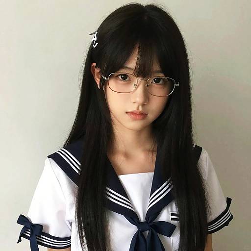 Photograph of an Asian woman with long black hair, glasses, and a white sailor uniform with navy trim, standing against a plain light background.