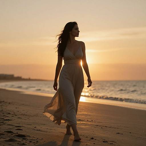 Silhouetted woman in flowing dress walks on beach at sunset, golden light casting warm hues, ocean waves gently touching shore.