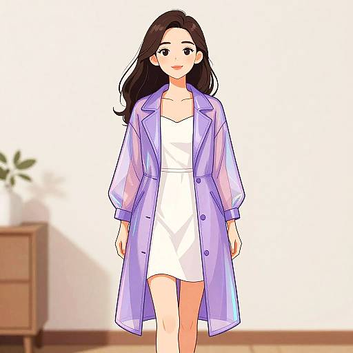 Woman in Holographic Sheer Coat and White Dress