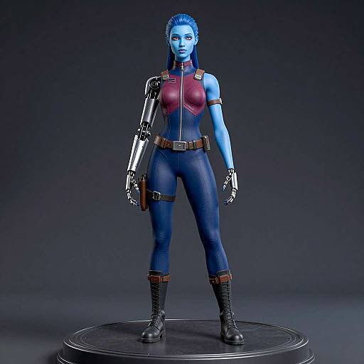 Blue-Skinned Humanoid with Robotic Arm