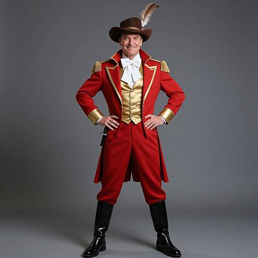 Photograph of a man in a red colonial-style coat with gold trim, white shirt, black boots, brown hat with feather, standing confidently against a