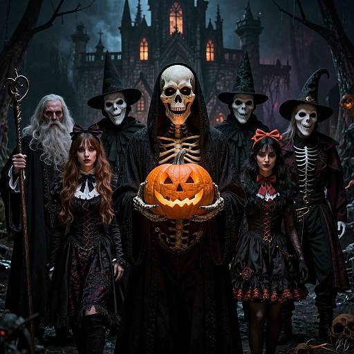 Digital illustration of a skeletal figure holding a glowing jack-o'-lantern, surrounded by four children and two adults in black witch costumes and hats, in