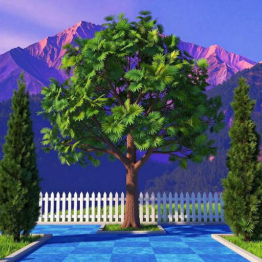 Surreal Tree in Vibrant Blue Courtyard