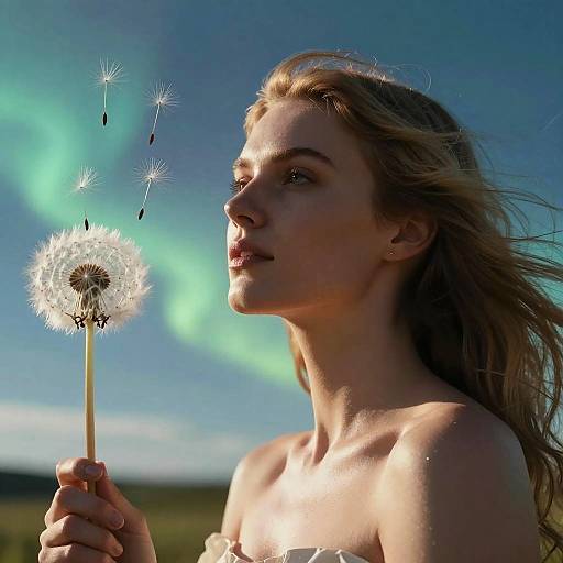Photograph of a blonde woman with fair skin holding a dandelion, blowing seeds against a vivid blue sky with green aurora. Sunlight highlights