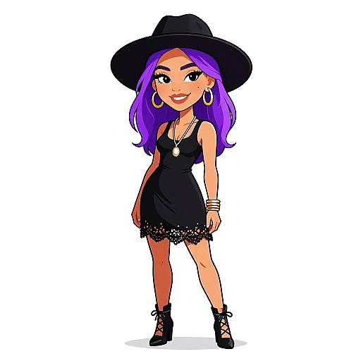 Digital cartoon of a confident woman with purple hair, black dress, wide-brim hat, hoop earrings, bracelets, and black ankle boots.