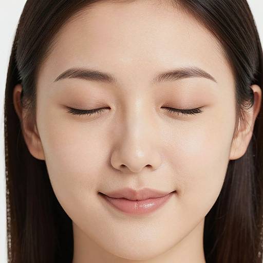 Close-up photograph of a young Asian woman with fair skin, closed eyes, and a subtle smile, dark straight hair, and minimal makeup.