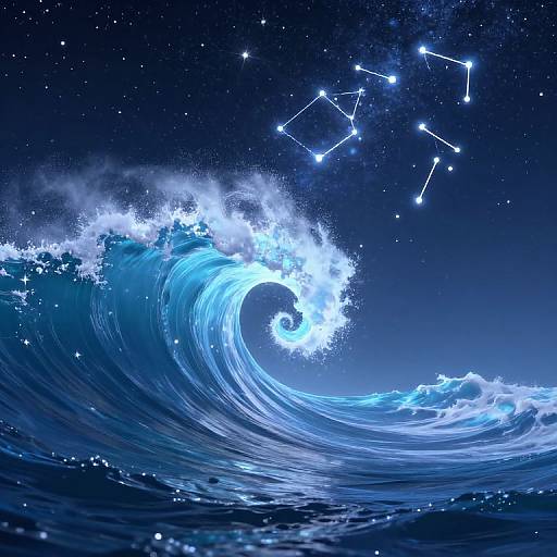 Digital artwork of a glowing blue ocean wave under a starry night sky with a constellation of bright, connected stars.