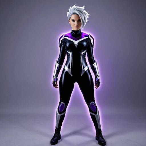 Futuristic Female Cosplayer in Black and Purple Suit
