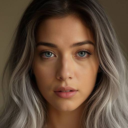 Photograph of a young woman with striking blue eyes, light skin, and long, wavy silver-gray hair, staring directly at the camera with a