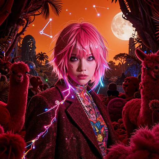 Digital art: Neon-pink haired woman with electric lights, wearing a dark blazer and colorful necklace, surrounded by alpacas at a surreal,
