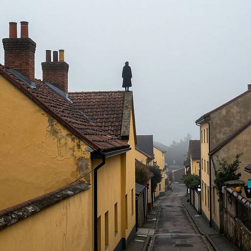 Photograph of a foggy, narrow European street with yellow buildings, a person standing on a rooftop, red brick chimneys, and misty background