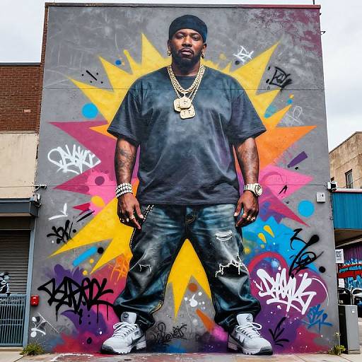 Photograph of a large African-American man in black shirt and jeans, gold chain, white sneakers, standing before vibrant graffiti mural. Urban street background.