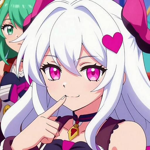 Digital anime-style drawing of a white-haired girl with pink eyes, a pink heart hairpin, and finger to lips, smiling. Green-haired girl in