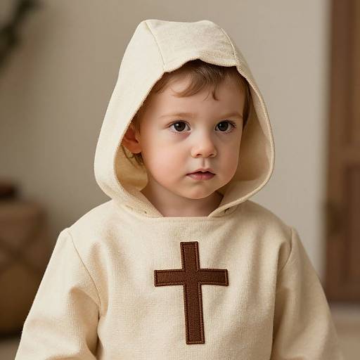Photograph of a young child with fair skin and brown eyes, wearing a beige hooded garment with a brown cross, looking directly at the camera.