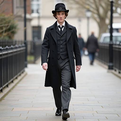 Photograph of a young man in a Victorian-style black pinstripe suit, black overcoat, and bowler hat walking down a blurred urban sidewalk