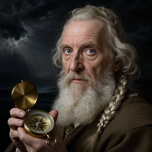 Photograph of an elderly, white-bearded man with blue eyes, long braided hair, holding an open brass compass, against a dark, storm