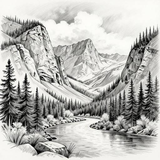Black-and-white ink drawing of a serene mountain landscape with a reflective river, dense pine trees, and rugged cliffs under a cloudy sky.