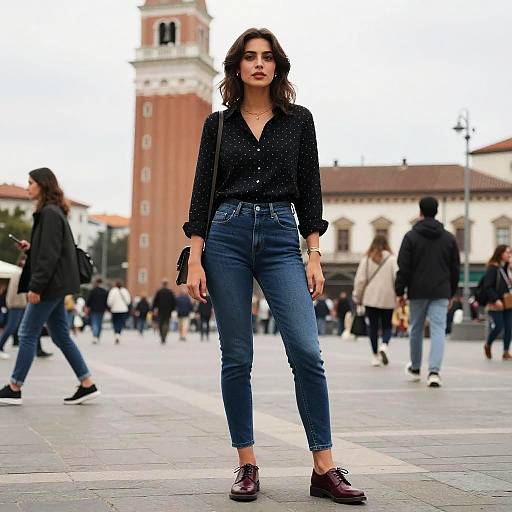 Photograph of a confident woman with wavy brown hair, wearing a black polka-dot blouse, blue jeans, and brown loafers, standing in